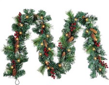 Manlatini 9ft Pre-Lit Christmas Garland Battery LED Pine Cones Red Berries picture