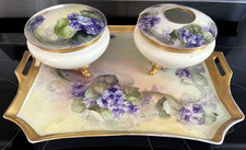 Vintage Bavarian Porcelain Vanity Set Hand Painted Floral Tray & Lidded Jars 3Pc picture