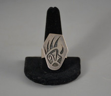 Large Vtg Hopi Sterling Silver Ring Bear Paw Prayer Feathers - Signed - Sz 13.5 picture