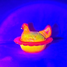 Vintage Mosser Red Orange Slag Glass Mini Hen on Nest Trinket Dish Cadmium Glow picture