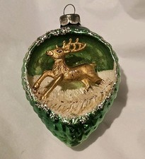 Vtg 50s Green Mercury Glass Pine Cone Reindeer Diorama Christmas Ornament Japan picture
