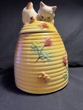 Vintage American Bisque Beehive & Kitten Cookie Jar, Curious Cat, Bees& Flowers picture