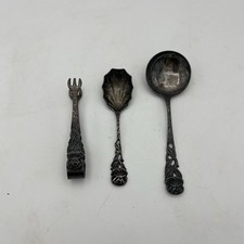Vintage Set of 3 800 - 90 - Rose Design Sugar Tongs And 2 Spoons picture