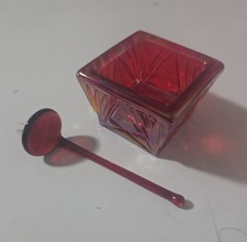  Iridescent Red Carnival Glass Salt Cellar ~Vintage ~With Spoon ~Glows  picture