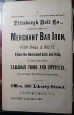 1876 Vintage Railroad Advertising PITTSBURGH BOLT COMPANY Merchant Bar Iron PA picture