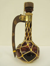 Vintage Amber Glass Wicker Wine Decanter Jug Wood Handle Base Chain Stopper 13