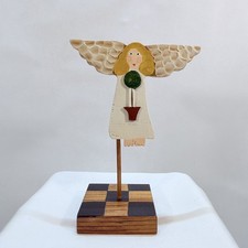 Vintage Nancy Thomas Primitive Folk Art Angel 1996 Hand Painted Wood w Topiary picture