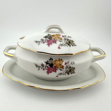 Vintage Covered China Sugar Bowl With Attached Dish Gold Trim Watkins Japan picture