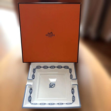 HERMES Chaine d'Ancre Porcelain Ashtray Square Tray Blue White Vintage With Box picture
