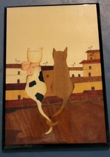 Vintage Italian Intarsia Cat Plaque Unione Artigiani Sorrentino SR54 picture