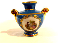 LIMOGES VASE URN PORCELAIN MINIATURE FRANCE COURTING COUPLE GOLD RIM HANDLE JUG picture