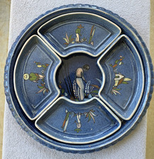 Large vintage 1940 Mexican blue Tlaquepaque pottery charger w/inserts 14