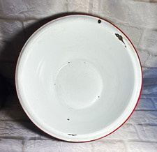 Vintage White Enamelware Metal Bowl Red Rim 11.5 w x 4 3/4 h picture