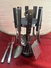 Vintage Vernco Stainless Steel Utensils With Stand Wood MCM Kitchen Japan Silver picture