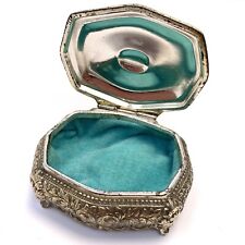 Vtg Silverplate Footed Trinket Box Coffin Turquoise Blue Velvet Interior Japan picture