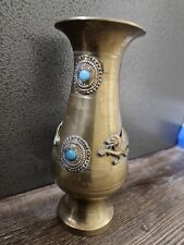 Vintage Brass Turquoise Stone Lion Dragon Stones Vase  Decor Rare picture