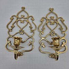 Vtg Solid Brass Sconces Candle Stick Holders - Wall Mount - Hollywood Regency  picture