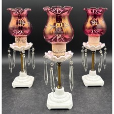 Vintage Cranberry Etched Glass Milk Glass Hurricane Candle Holders Set of 3 picture
