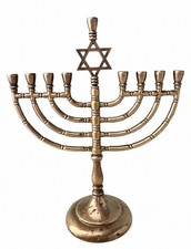 Hanukkah Menorah Jewish Judaica Israel Vintage Brass Chanukah Candle Holder picture