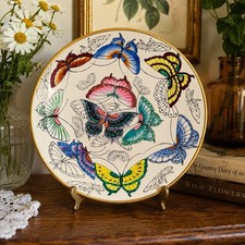 Title: Vintage 9” Butterfly Wall Plate Colorful Porcelain Gold Tone Decorative picture