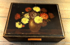Vintage Wooden Jewelry Keepsake Box Floral Chrysanthemum Mirror Lined 10