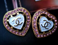 10 Chanel Stamped Gold Hearts White Pink Rhinestone CC Buttons 24 mm Set of 10 picture