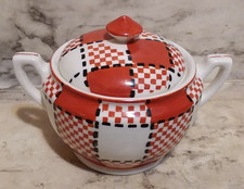 Vntg Kikusui Japan CHECKERS Ceramic Orange Gingham Covered Sugar Bowl picture
