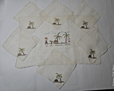 VTG Marghab Madeira Linen Pacemat Cocktail Napkins Tropical Native Village Scene picture