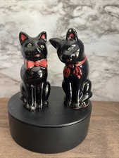 Vintage Shafford Black Cat Salt Pepper Shakers Set Red Bow Green Eyes Japan MCM picture