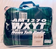 NWT Vtg Faribo Green Blue White Plaid Pak A Robe Blanket Detroit Radio WXYT Bag picture