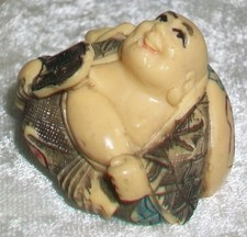 Vintage Japanese Mini Carved Polychrome Resin Buddha Netsuke Figurine Signed picture
