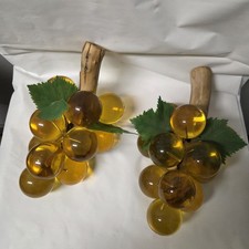 Vintage Pair MCM Amber Lucite Cluster Of Grapes Wood Stems picture