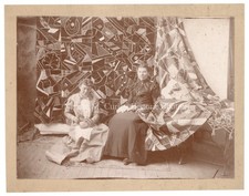 1890s Women w/ Folk Art Crazy Quilt Backdrops Studio Photo picture