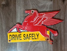 Vintage Mobil Pegasus Drive Safely Porcelain Enamel Sign 8