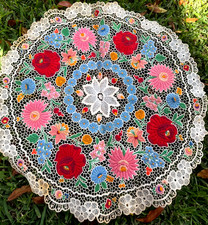 Vintage Hungarian Kalocsa Hand Embroidered Floral Lace Doily Gorgeous picture