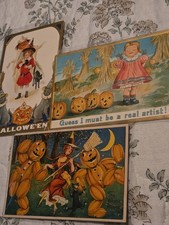 Halloween Lot Of THREE scarce 1910 Era Postcards - TUCKS - NASH  Witch JOL Ghoul picture
