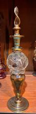 VTG Hand Blown Engraved Beautiful Islamic Gold Glass Perfume Bottle w/ Stopper picture