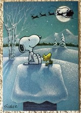 Unused Christmas Snoopy Woodstock Santa Sky Snow Peanuts Vtg Greeting Card 1970s picture
