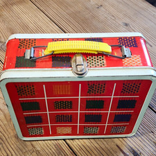 Vintage 1970s Ohio Art Red Plaid Metal Lunch Box Yellow Handle Spring Latch picture