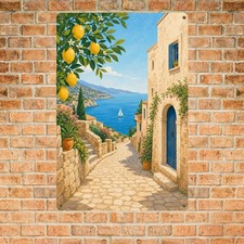 White Buildings Blue Doors Mediterranean Street Scene Metal Tin Sign Art picture