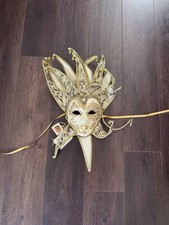 La Gioia Handmade Hand Painted Venetian Jester Wall Mask Gold Ivory Black picture