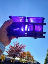 Vtg Cobalt Blue Glass Square Votive Candle Holder Set Cube Planter Metal Frame  picture