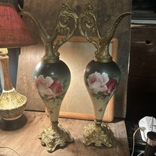 Antique PAIR Victorian Mantle Ewers Hand Painted Satin Glass North Wind Spelter picture