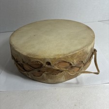 VINTAGE HANDMADE RAWHIDE HEADS LACING & WOOD FRAME DRUM picture