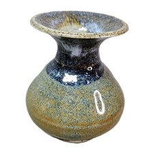 Vintage Studio Pottery Mini Bud Vase Artist Signed Speckled Blue Brown Glaze 3