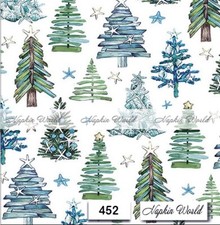 (452) TWO Paper LUNCHEON Decoupage Art Craft Napkins  CHRISTMAS TREES BLUE GREEN picture