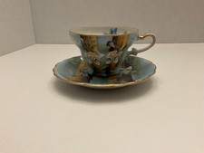 Vintage Japanese N Jewel Japan Teacup & Saucer Blue Floral Lustreware Gold Trim picture