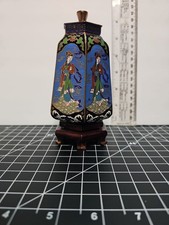• Vintage Chinese Cloisonne Hexagonal Lidded Jar Ginger Urn Wooden Base Blue picture
