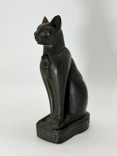 Egyptian Bastet Cat Black Stone Figurine Scarab Cartouche With Hieroglyphics 6” picture