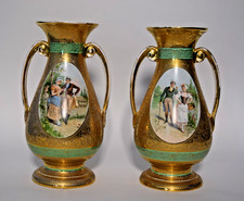 Pair Vintage Le Mieux 24 Karat Gold Handled Vases Victorian Scene picture